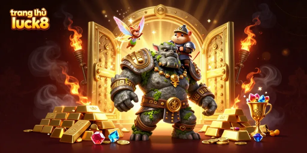 Explore the vibrant world of trang chủ luck8, featuring a magical scene with a golem guardian and treasures.