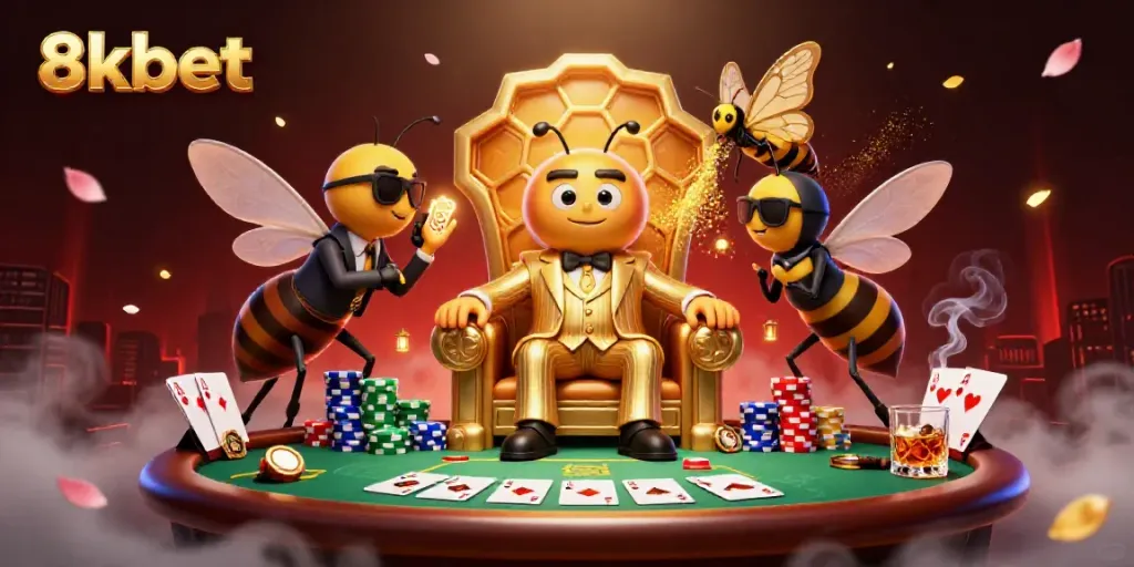 Engaging scene at 8kbet featuring the bumblebee mob boss and poker elements in dynamic illustration.