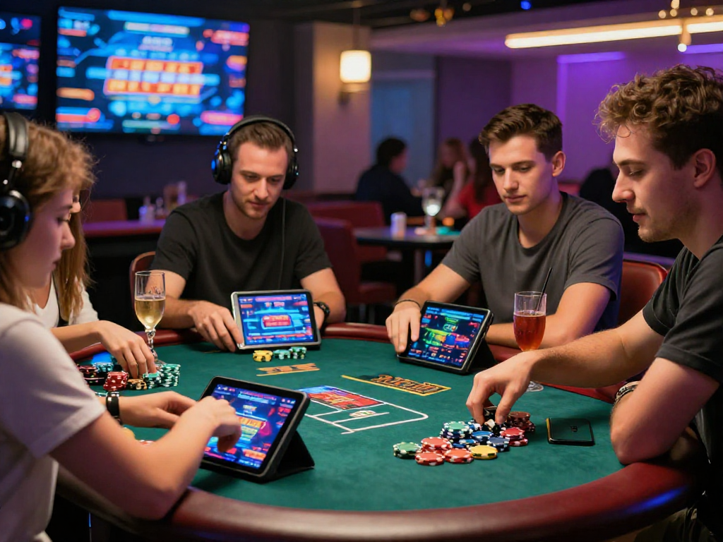Gruppo di amici che gioca a casino online non AAMS in un ambiente vivace e moderno.