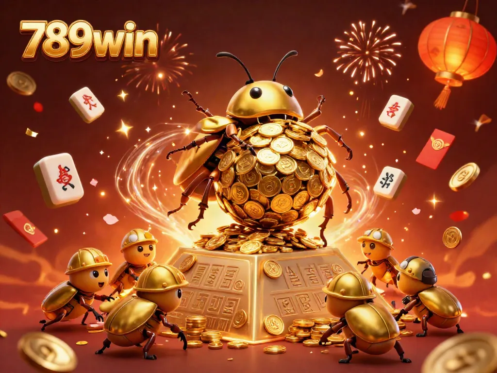 Engage in excitement with 789win's thrilling 3D casino adventure featuring golden beetles and lucky symbols