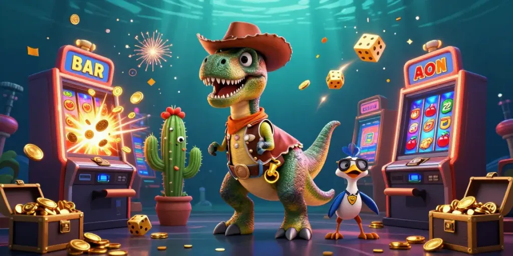 TX88 showcases a lively casino scene with a cowboy T-Rex, slot machines bursting with coins, and vibrant gaming elements.