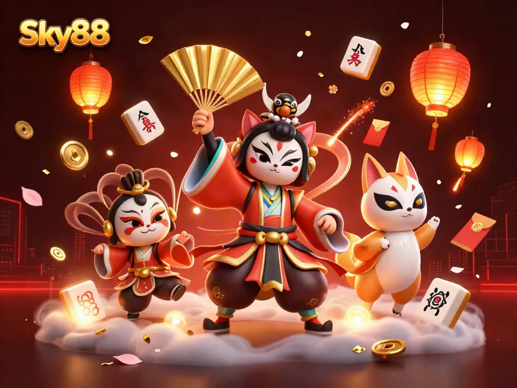 Sky88 features a kabuki warrior and kitsune amidst dynamic casino elements, showcasing excitement in gaming.