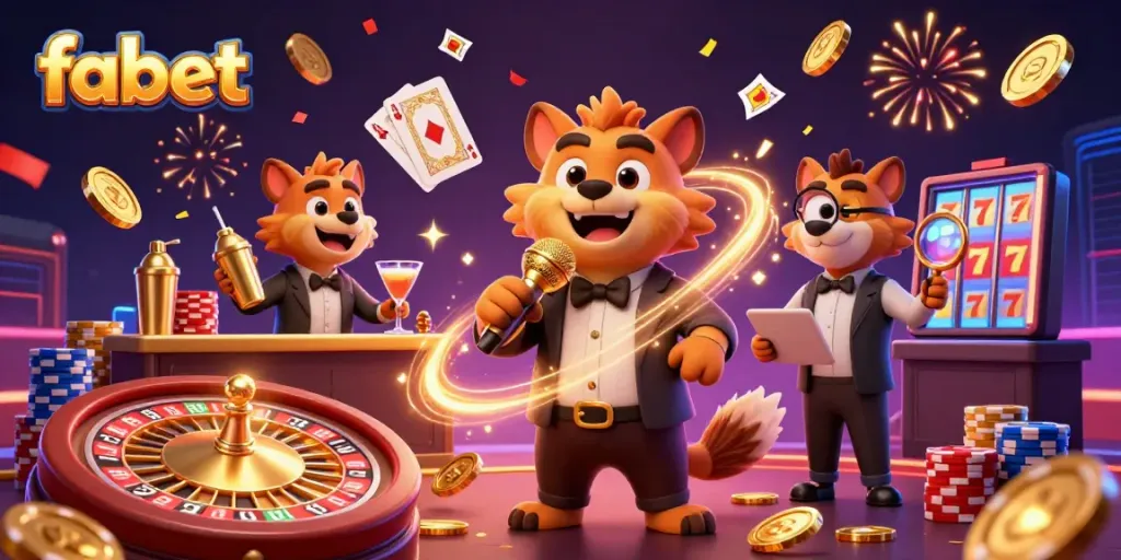 Enjoy dynamic gambling adventures at fabet with hyenas bringing laughter as they juggle playing cards, coins, and drinks.