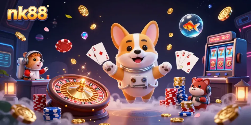 Engage with nk88 in a vibrant space casino featuring a floating corgi and a hamster guide