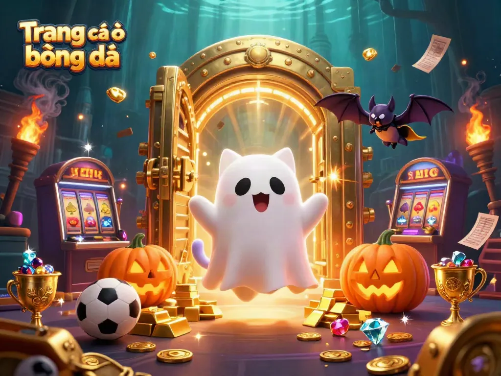 Bet on Trang cá độ bóng đá with a festive scene featuring cartoon ghost cat and vampire bat in a casino.