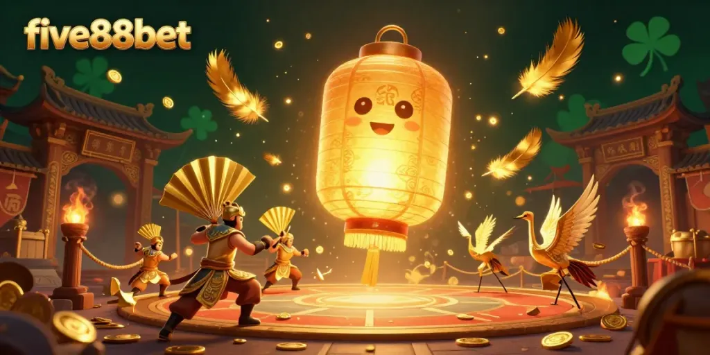 Experience the vibrant world of five88bet with golden lanterns and casino excitement.