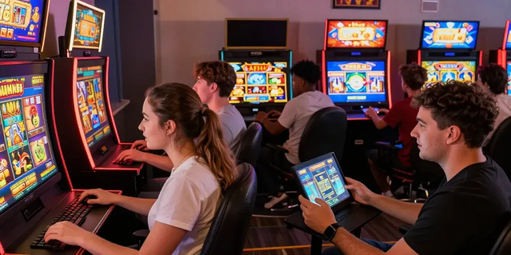 Exciting online gaming experience at https://da88z.net/ with diverse players enjoying slot games in a vibrant lounge atmosphere.