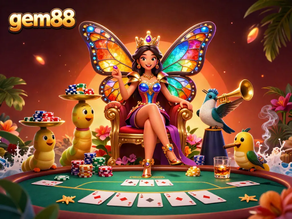 Experience thrilling poker action with gem88, featuring a vibrant butterfly queen and colorful poker elements in a dynamic casino setting.
