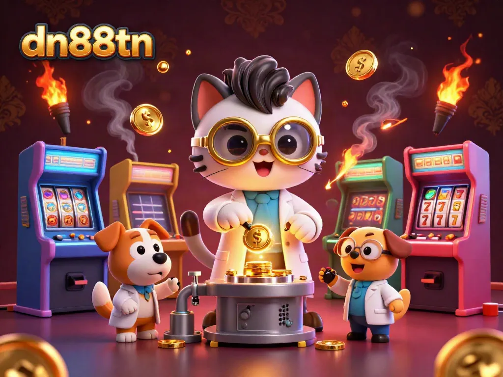 Experience thrilling gameplay with slot machines and a whimsical scene featuring dn88tn’s mad scientist and dog.