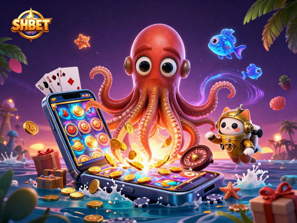 Experience exciting gameplay at SHBET with a vibrant scene featuring a kraken, diving cat, and underwater treasures.
