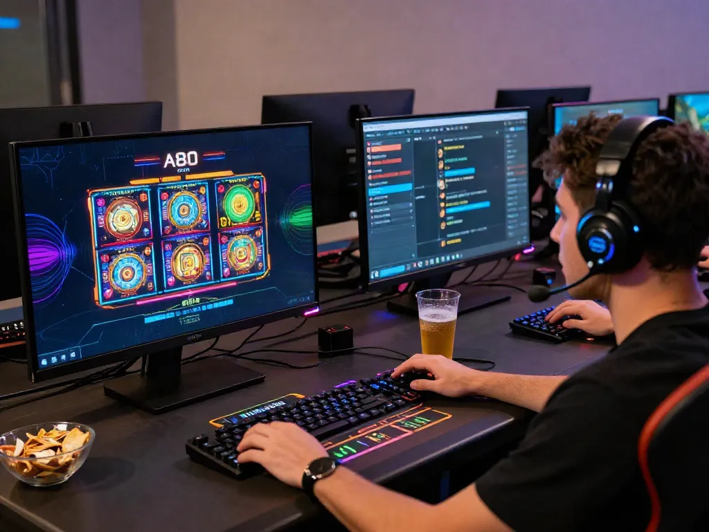 A player immersed in online gaming on the A80 platform, surrounded by high-tech equipment and vibrant displays.