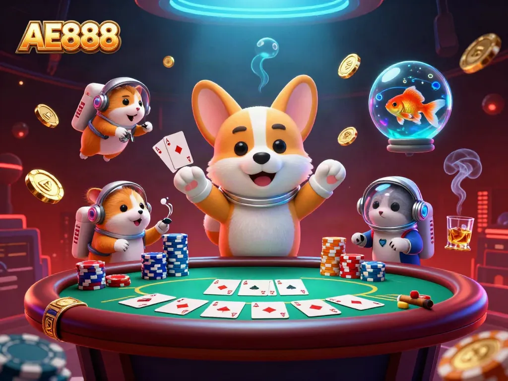 Place bets at AE888 in a vibrant floating casino scene filled with animated characters.