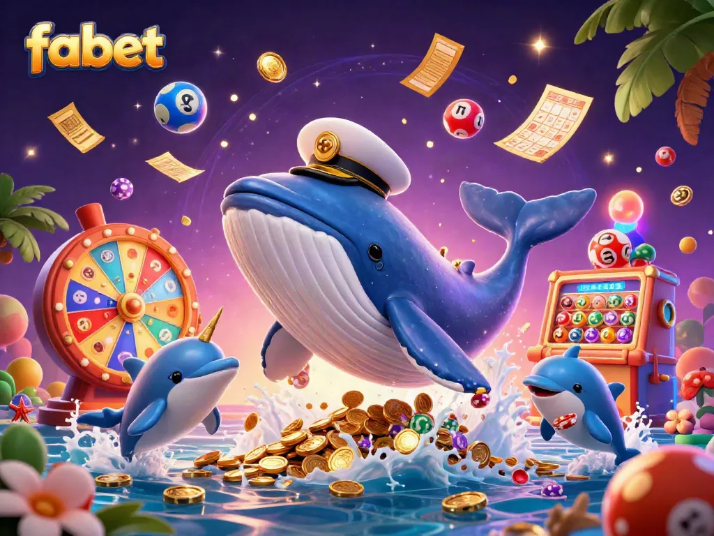 Experience vibrant gameplay with FABET as a whale, narwhal, and dolphins playfully surround golden prizes.