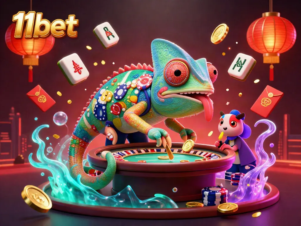Immerse in the vibrant world of 11bet, where a colorful chameleon owner watches over a lively casino.