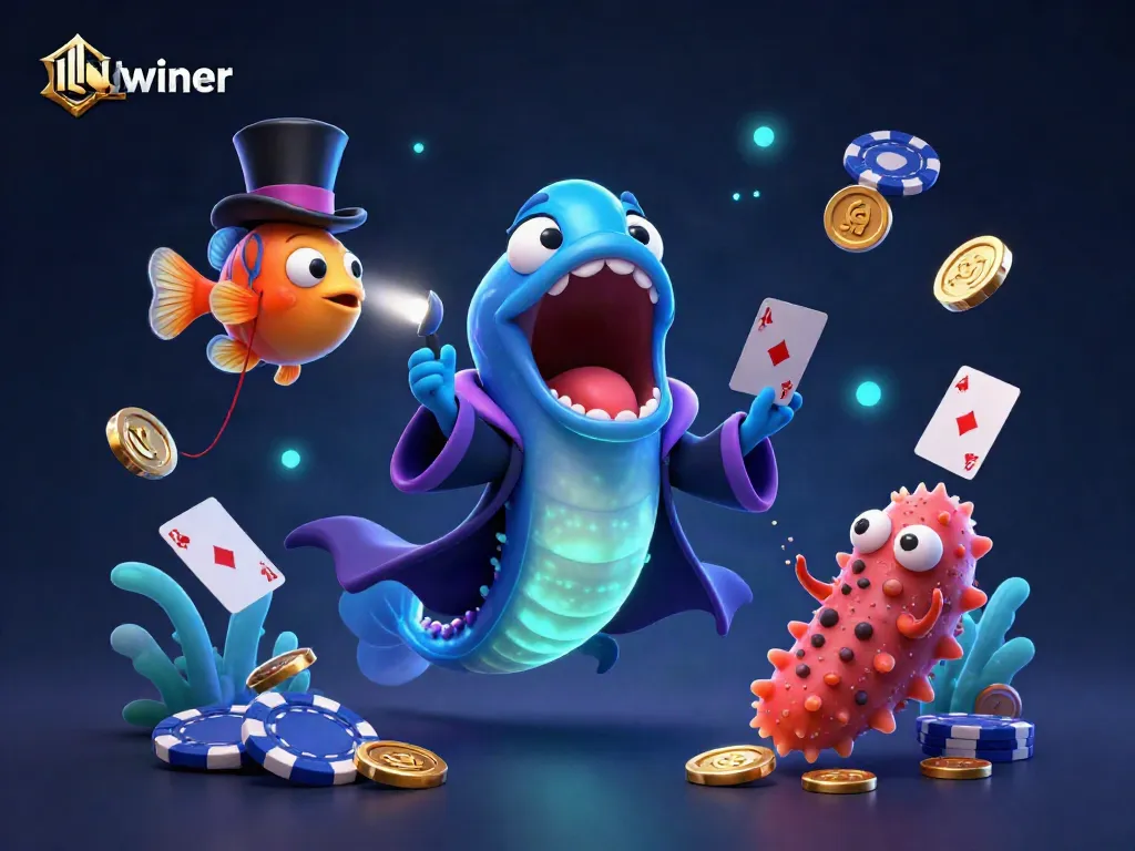 Engaging scene of llwiner featuring a deep-sea gulper eel magician and casino elements.