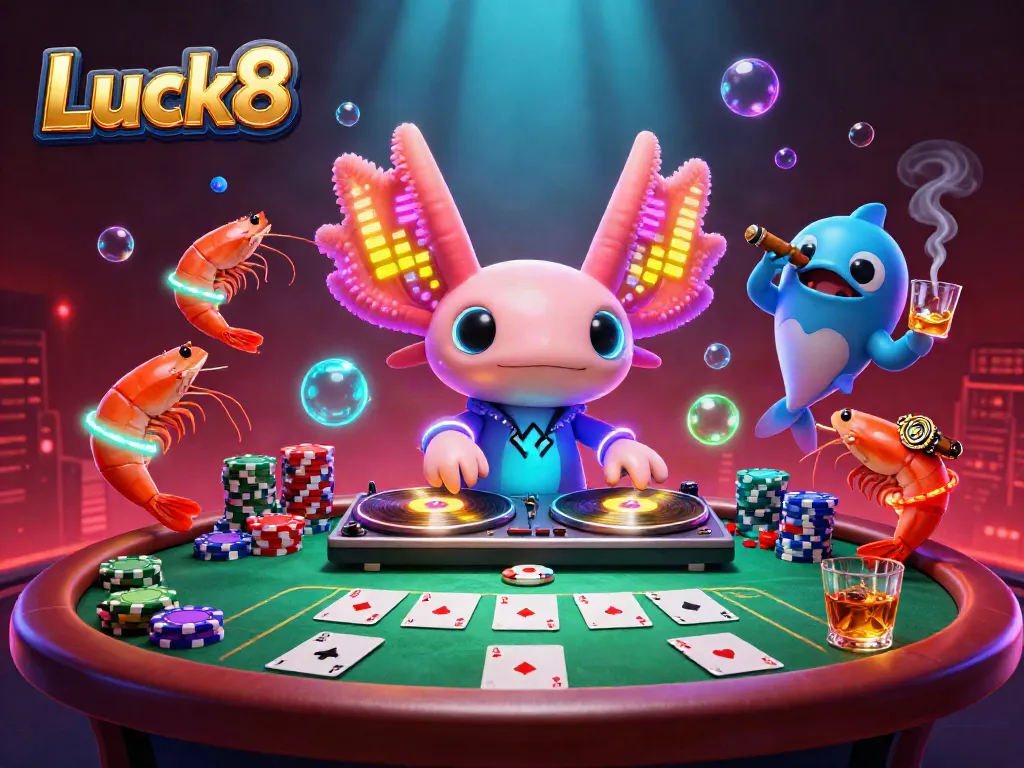 Engage with Luck8 as the vibrant axolotl DJ spins records surrounded by colorful poker elements.