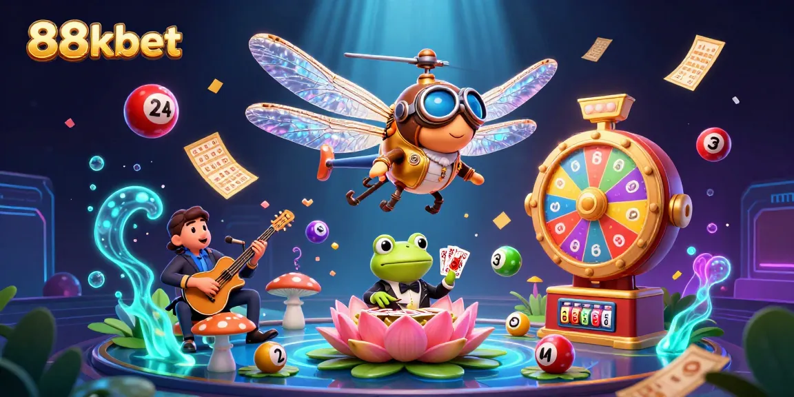 Engage with 88kbet's vibrant casino scene featuring a dragonfly pilot, frog dealer, and lively music.