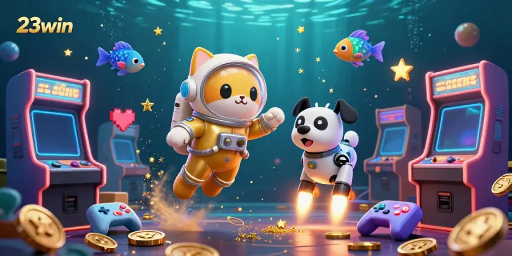 Experience the allure of 23win with a vibrant 3D scene featuring an astronaut cat, robot dog, and arcade machines.
