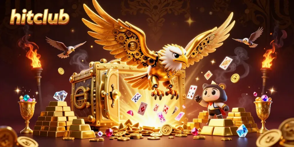 Experience the thrill at Hitclub with a vibrant 3D illustration showcasing a golden eagle and casino elements.