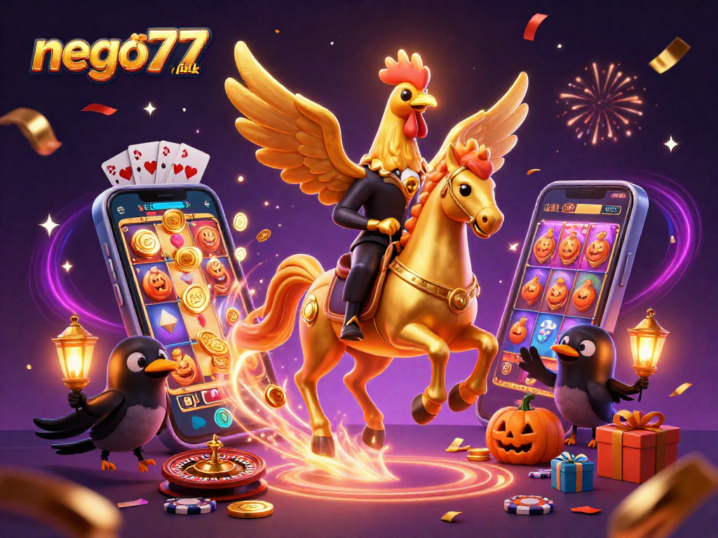 Engage with the vibrant nego77 link casino scene featuring golden rooster character, slot games, and festive atmosphere.