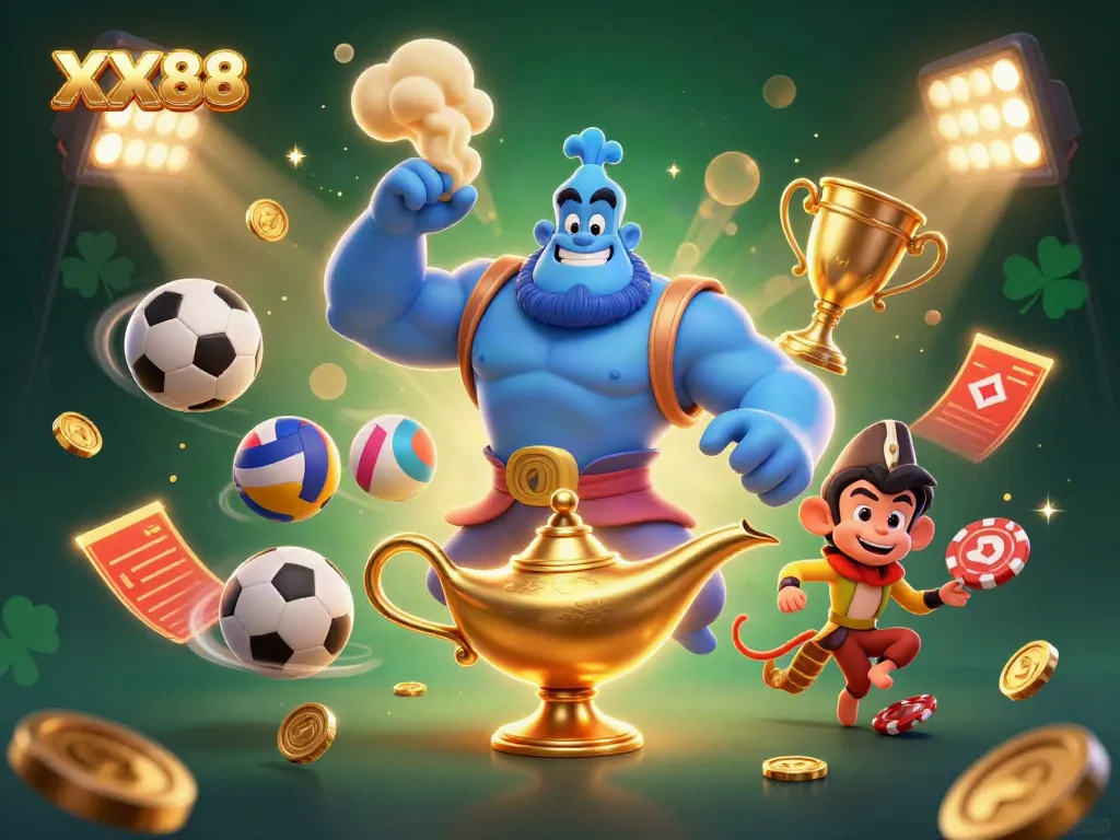 Experience the dynamic atmosphere of XX88 with colorful sports elements, a genie, and a magic carpet.