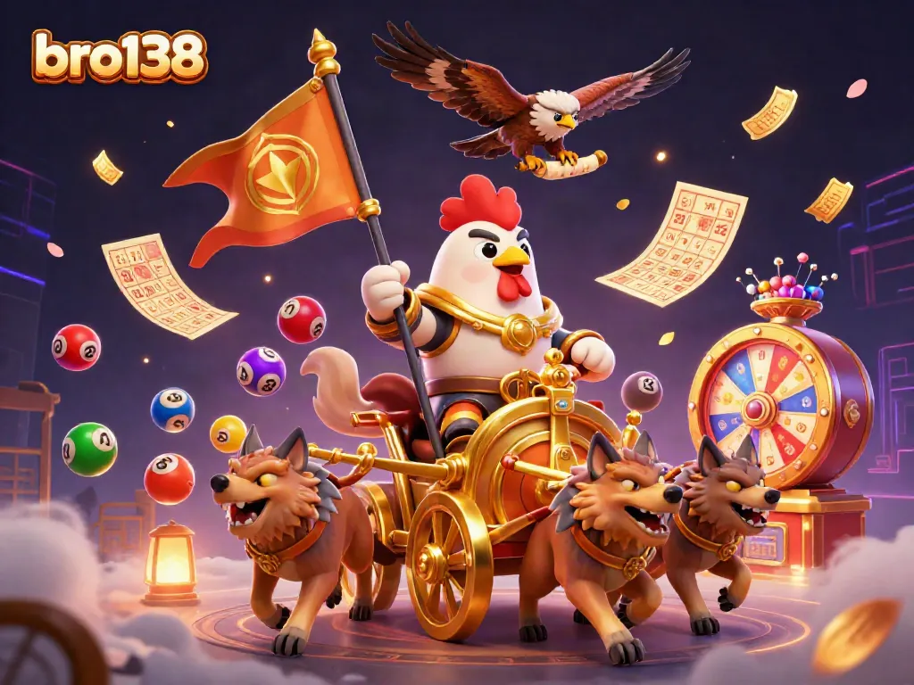 Win big with bro138 in a vibrant casino-themed digital illustration featuring a rooster warlord.
