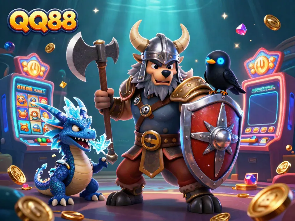 Experience thrilling games at QQ88 with an exciting Viking adventure scene featuring vibrant slot reels and dynamic characters.