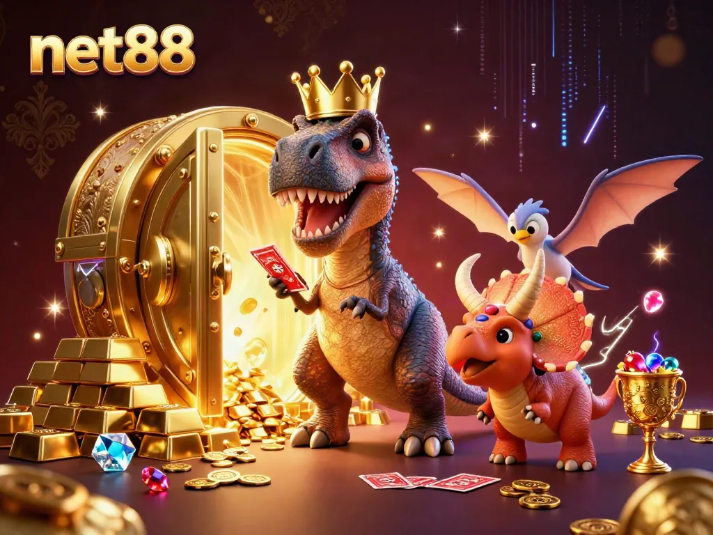 Enjoy exciting gameplay at net88, featuring a fun T-Rex shuffling cards and playful dinosaur friends in a vibrant casino scene.
