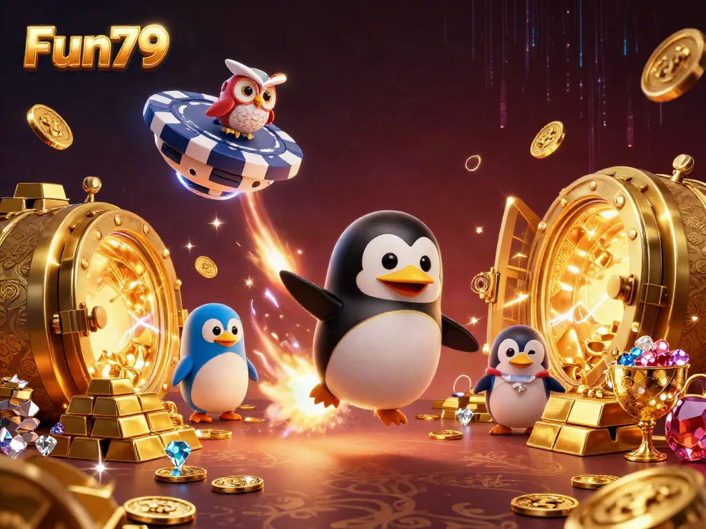 Engage with Fun79 as a golden penguin rockets to a vibrant casino space station, surrounded by treasure.