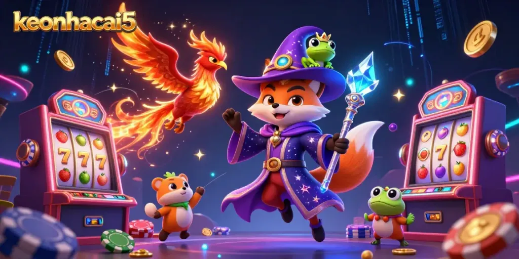 Wager on keonhacai5 with a magical scene showcasing a wizard fox and phoenix amid vibrant slot machines and sparkling elements.