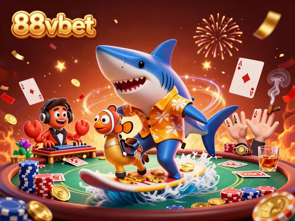 Experience excitement with 88vbet in this vibrant casino scene full of action and animated characters.