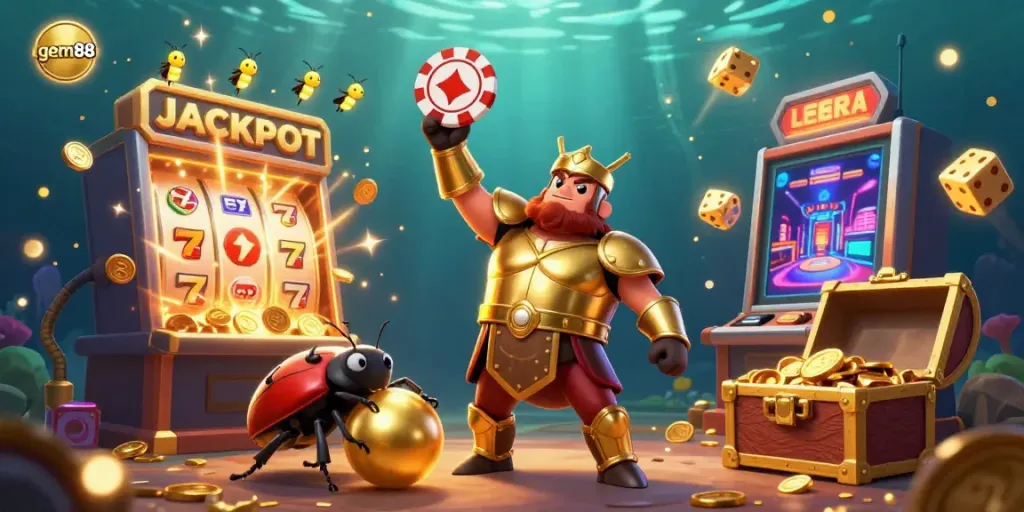 Join the gem88 adventure with a victorious hercules beetle lifting poker chips amidst a jackpot explosion of coins in a vibrant, lively casino scene.