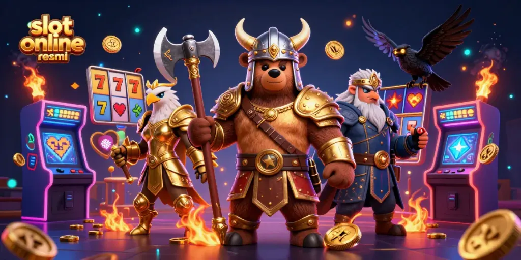 Spin and win at slot online resmi featuring a vibrant 3D Viking bear and Valkyrie eagle amidst colorful casino game elements.