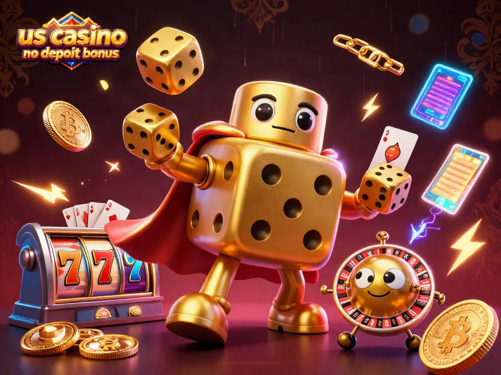 Win with us casino no deposit bonus in this vibrant 3D casino illustration showing dynamic game elements.