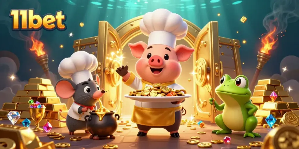 Experience thrilling wins at 11bet with a vibrant illustration of a pig chef serving gold coins, enhancing the casino's charm.