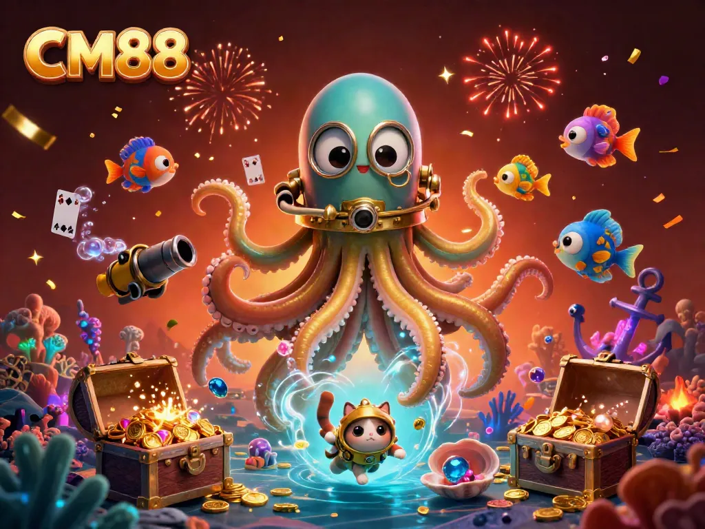 Experience thrilling adventures at CM88 with a vibrant 3D illustration of cartoon characters amidst treasures and games.