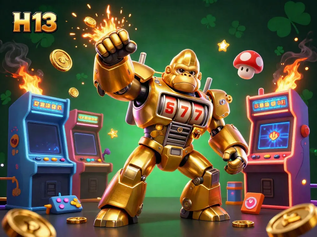 Join the excitement at H 13 with this vibrant illustration of a golden gorilla mech amidst thrilling game elements.