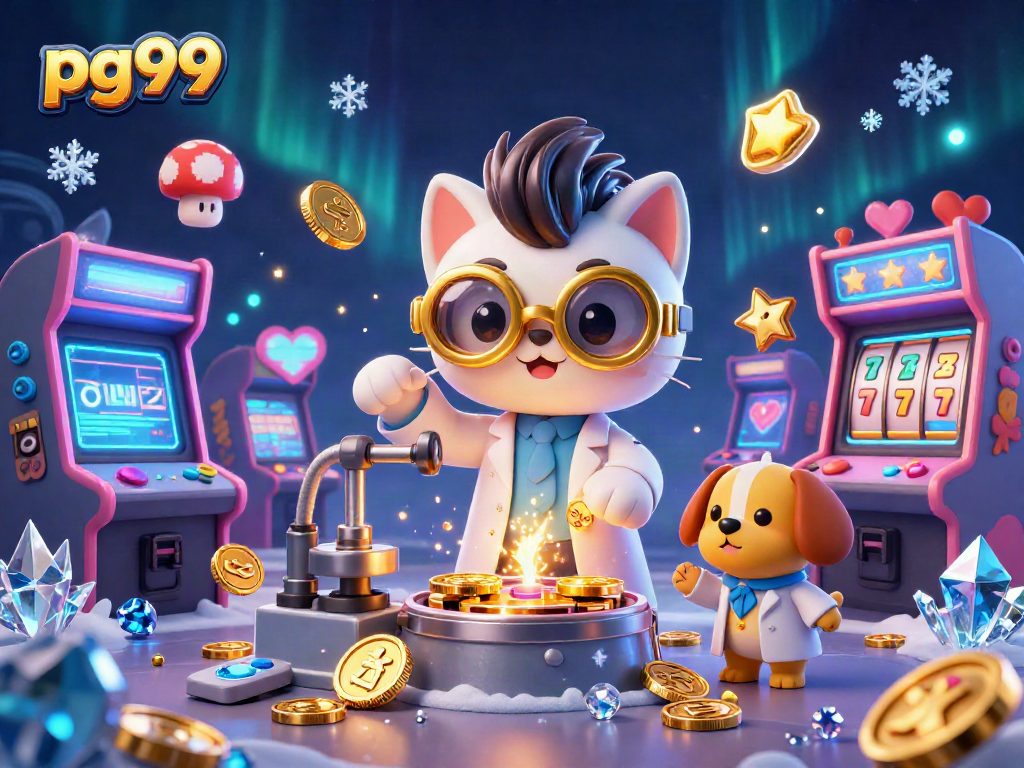 Experience gaming thrills with pg99's mad scientist cat and vibrant casino elements.