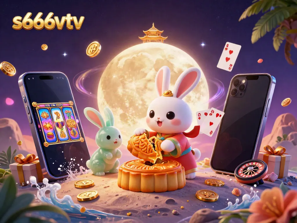 S666vtv features a whimsical scene with a moon rabbit and jade companion surrounded by casino elements and vibrant imagery.