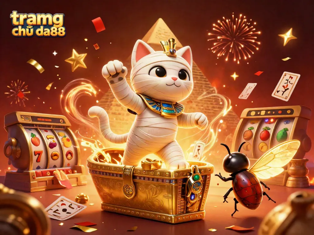 Experience the excitement of tramg chủ da88 with a vibrant casino illustration featuring a mummy cat and jackpot symbols.