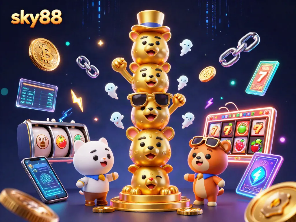 Engage with sky88's vibrant slot game world, featuring a cartoon totem surrounded by dazzling crypto elements.
