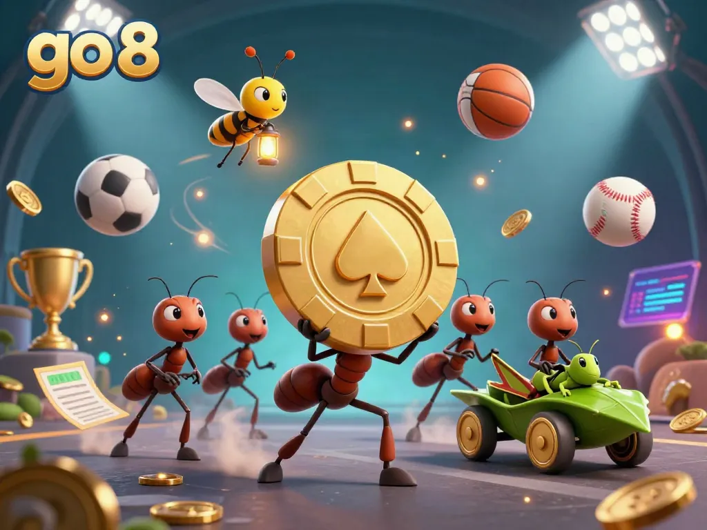 Execute your strategy with go 8, featuring a heist scene of ants carrying a massive poker chip.